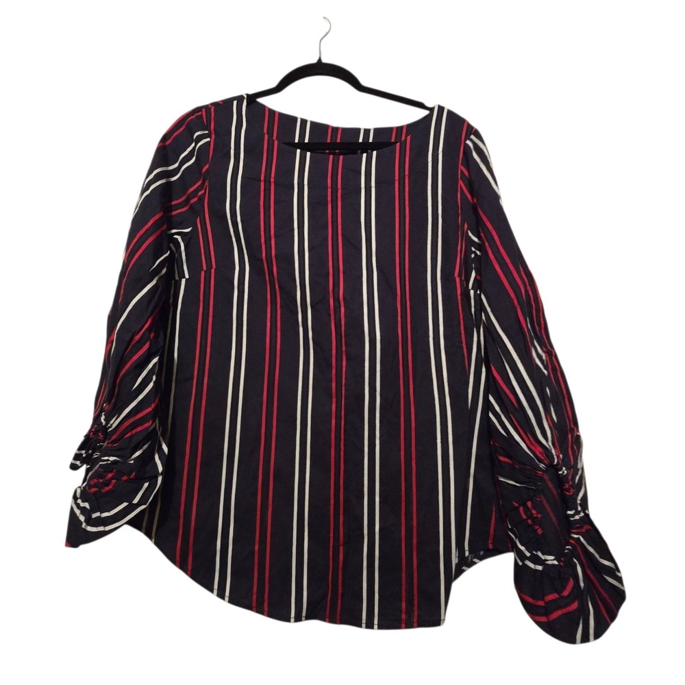 CAbi Striped Flag Blouse #5516 Women's MED Red White Blue Balloon Slv Cotton‎